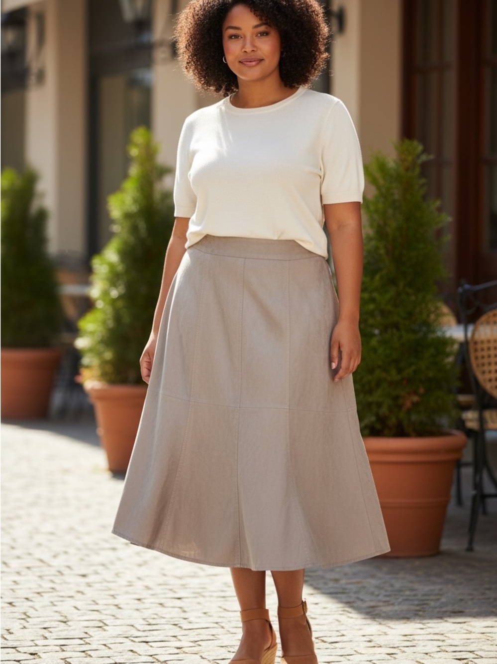 Ann Taylor Neutral Beige Linen Lined Midi Skirt Side Zip Size 14